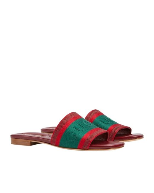 Gucci Red Slide Sandal With Web, Fabric