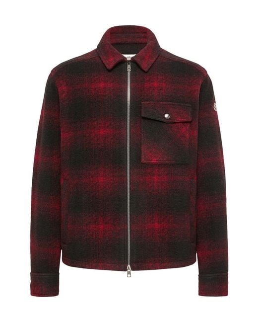 Moncler Red Check Jersey Zip-Up Shirt for men