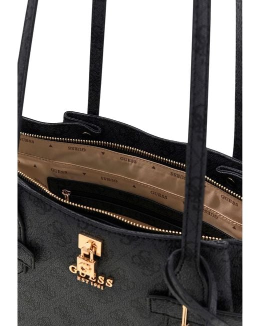 Guess Black Yesba Monogram-Pattern Buckle-Detail Tote Bag