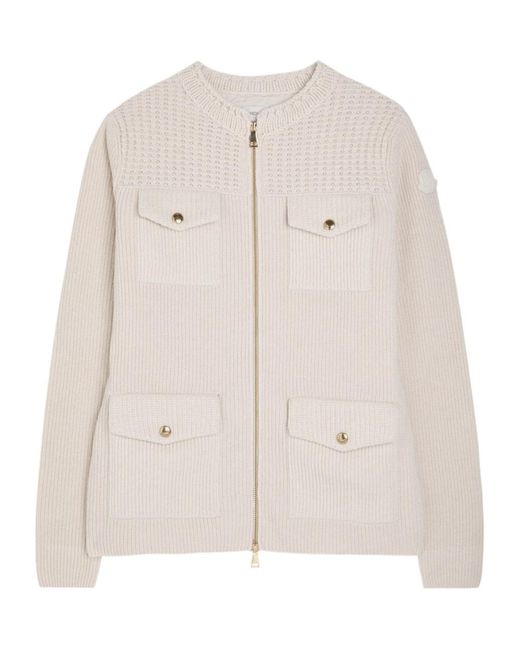 Moncler Natural Logo Ribbed Wool And Shell Cardigan