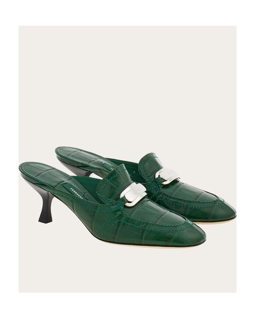 Ferragamo Green Embossed Round-Toe Mules
