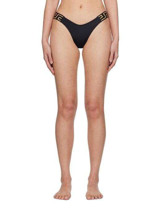 Versace Black Greca-Pattern Printed Thong Bikini Bottoms
