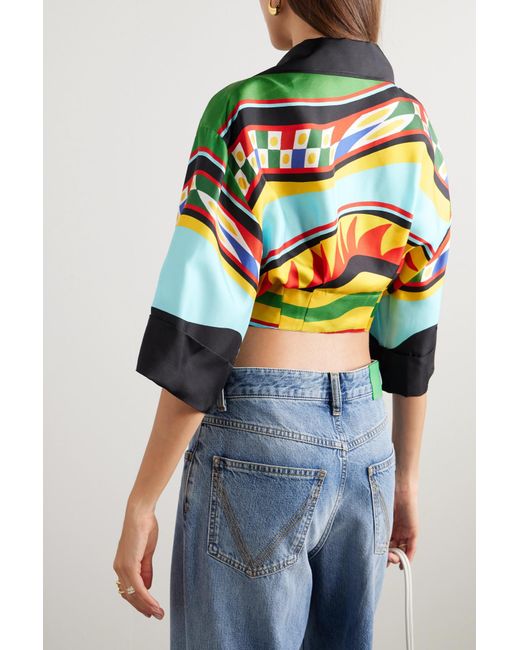 Dolce & Gabbana Green Graphic-Print Tied-Waist Cropped Shirt