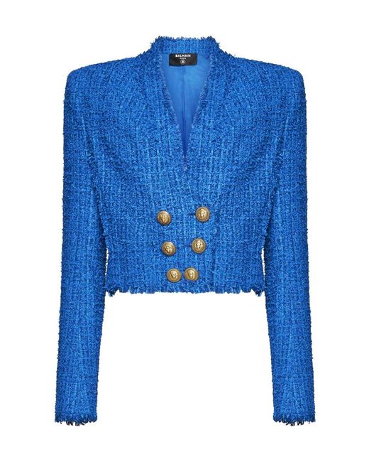 Balmain Blue Double-Breasted Cropped Jacket