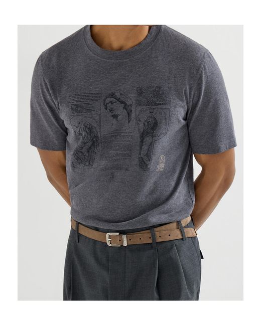 Brunello Cucinelli Gray Graphic Printed Crewneck T-Shirt for men