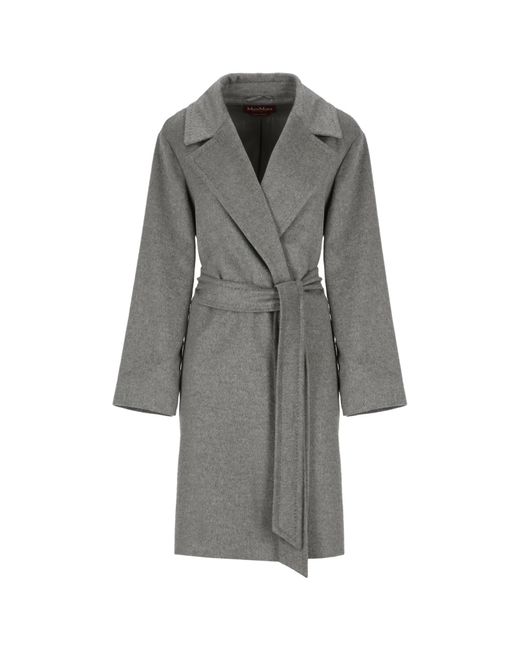 Max Mara Gray Belted Long-Sleeved Coat