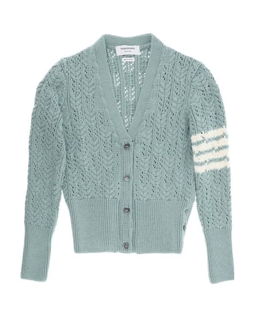 Thom Browne Blue 4-Bar Pointelle-Knit V-Neck Cardigan
