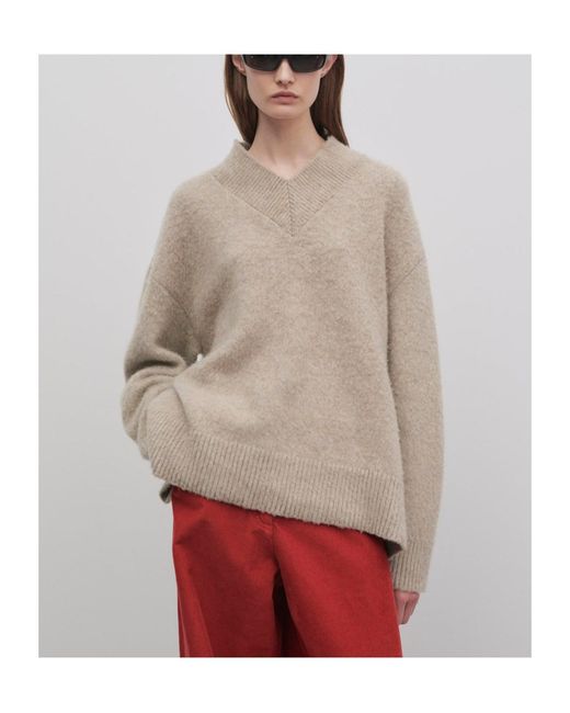 The Row Natural Fayette V-Neck Ribbed-Knit Sweater