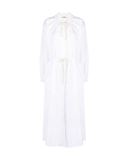Jil Sander White Gathered-Detailed Drawstring Fastened Dress