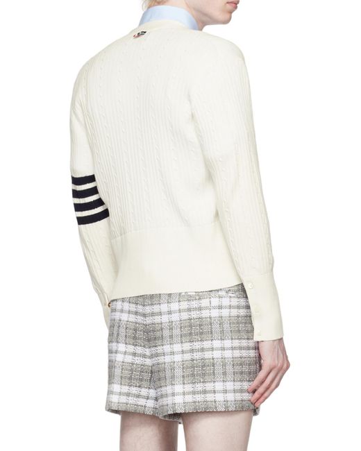 Thom Browne White 4-Bar Stripe Cable Knit Cardigan for men