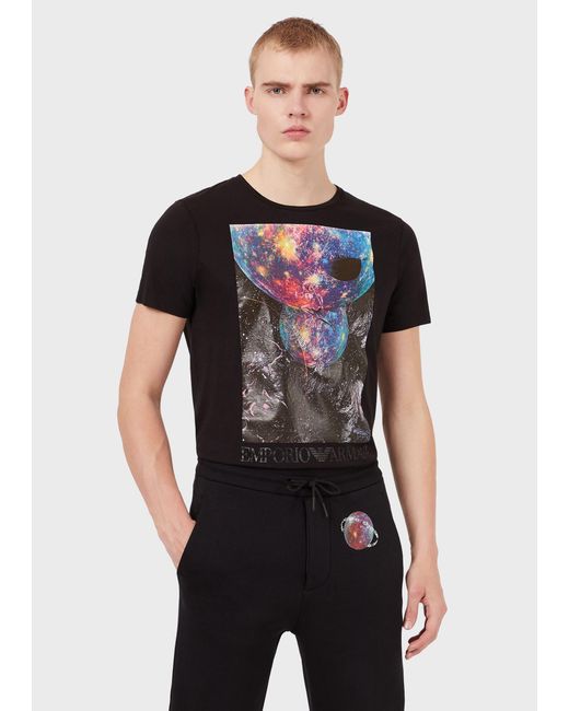 Emporio Armani Black Graphic-Print Cotton T-Shirt for men