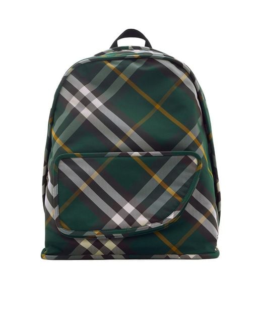 Burberry Green Shield Checkered Woven Zipped Backpack for men