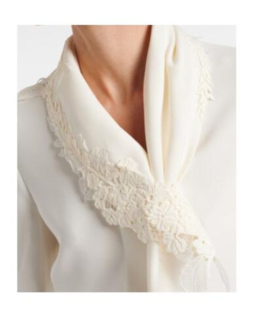 Oscar de la Renta White Lace-Trimmed Silk-Blend Georgette Blouse