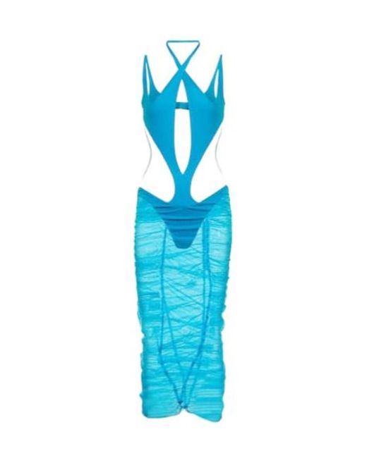 Mugler Blue Cutout Paneled Tulle Midi Dress