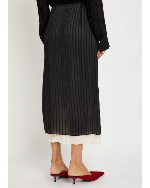 Vince Black Layered Striped Plissé Midi Skirt