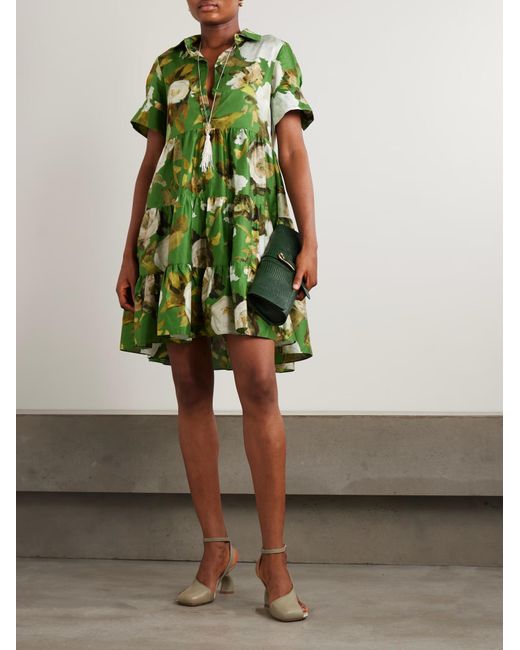 Erdem Green Layered Pleated Print Mini Shirt Dress