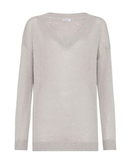 Brunello Cucinelli White Sequin-Embellished V-Neck Jumper