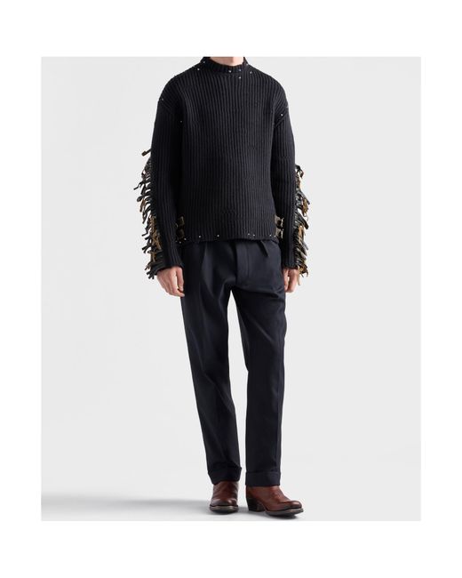 Prada Black Wool Crew-Neck Sweater With Fringe And Studs for men