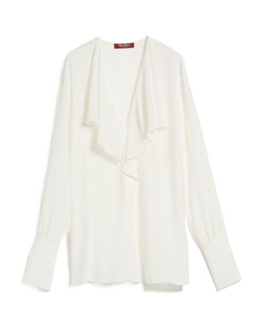 Max Mara White V-Neck Ruffled Long-Sleeved Top