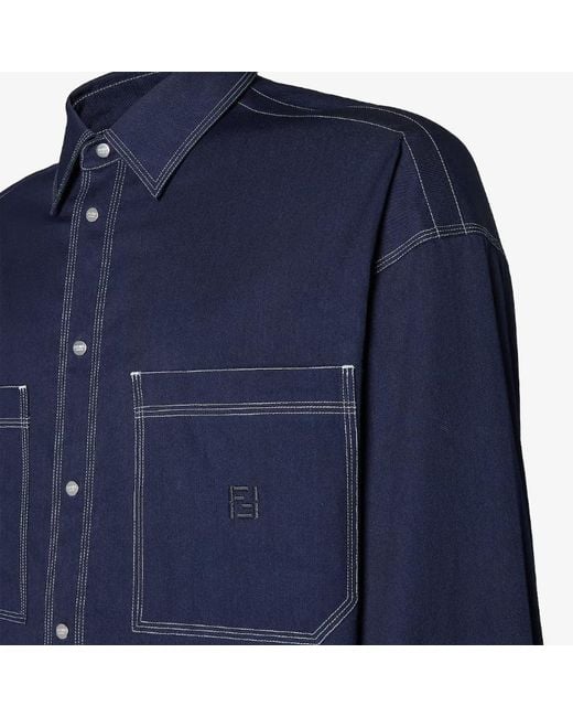 Fendi Blue Logo Embroidered Long-Sleeved Shirt for men