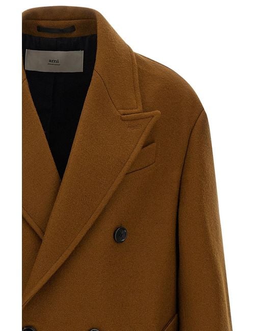 AMI Brown Ami Double-Breasted Mid-Length Coat for men
