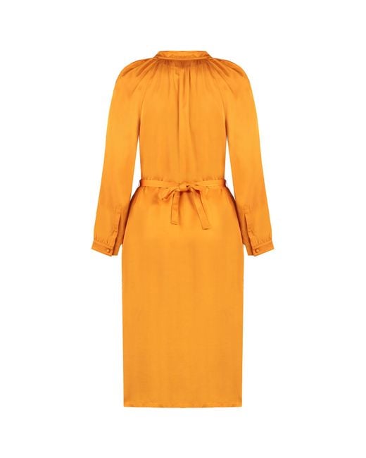 Yves Salomon Orange Belted Satin Midi Dress