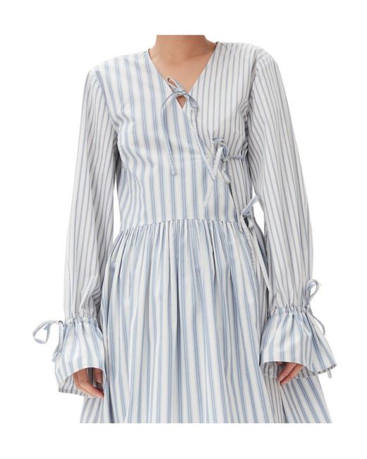Ganni White Stripe Cotton Mini Wrap Dress