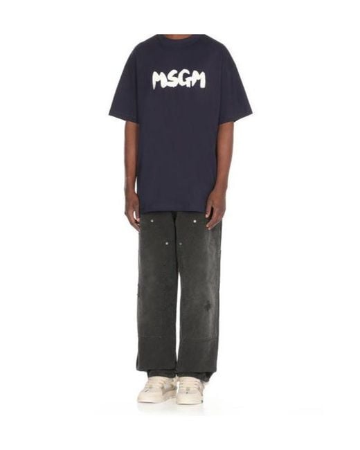 MSGM Blue Logo-Printed Crewneck T-Shirt for men