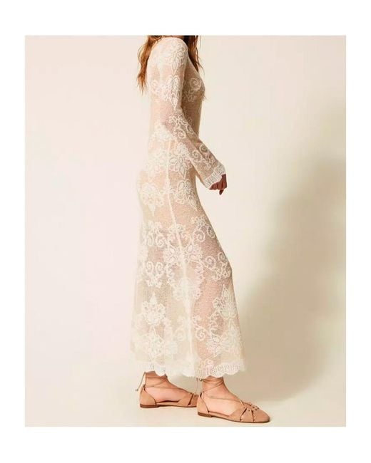 Twinset Natural Lace-Knit Long-Sleeve Midi Dress