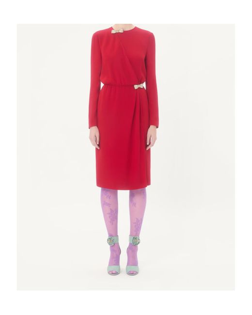 Valentino Red Bow Embellished Long-Sleeved Dress
