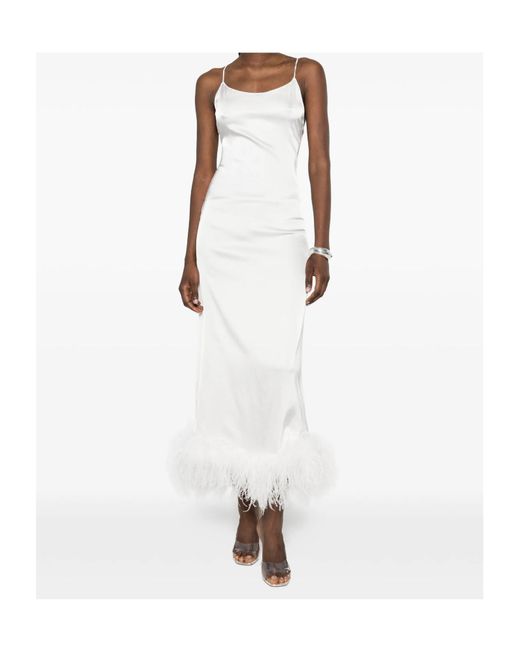 Oseree White Feather-Trim Midi Dress