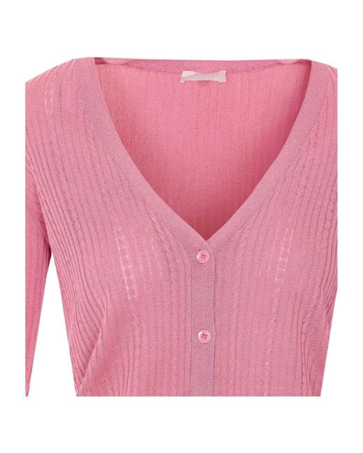 Liu Jo Pink Ribbed Lurex V-Neck Cardigan