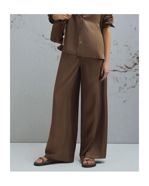 Marella Brown Straight-Fit Silk Trousers