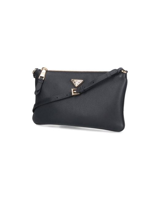 Prada Black Logo Plaque Zipped Shoulder Bag