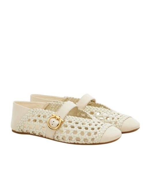 Ferragamo White Gancini Buckle Ballet Flat