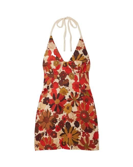 Sir Red Castella Floral-Print Linen Halterneck Mini Dress