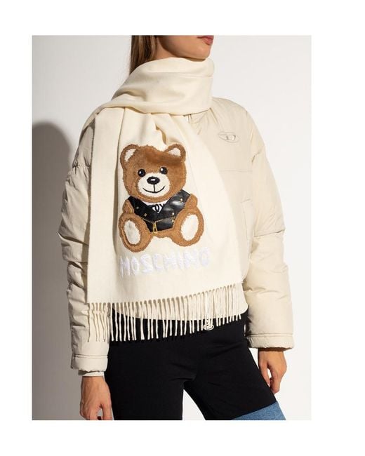 Moschino White Teddy Bear-Print Knitted Scarf