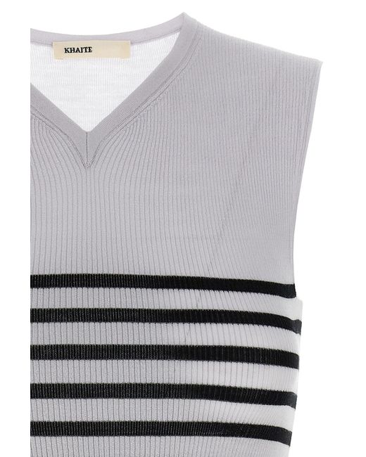 Khaite White Striped V-Neck Knit Tank Top