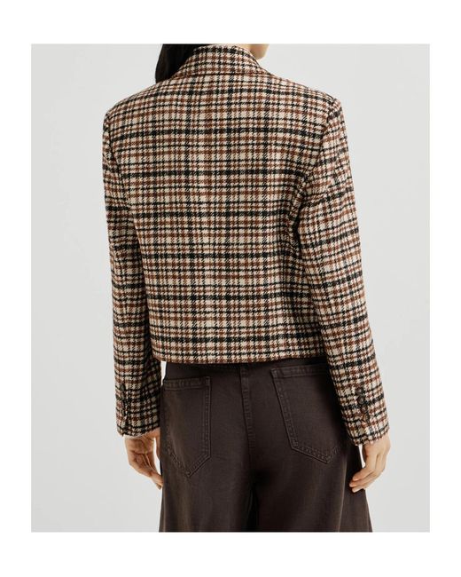 Brunello Cucinelli Brown Comfort Checked Wool And Alpaca Blazer With Monili