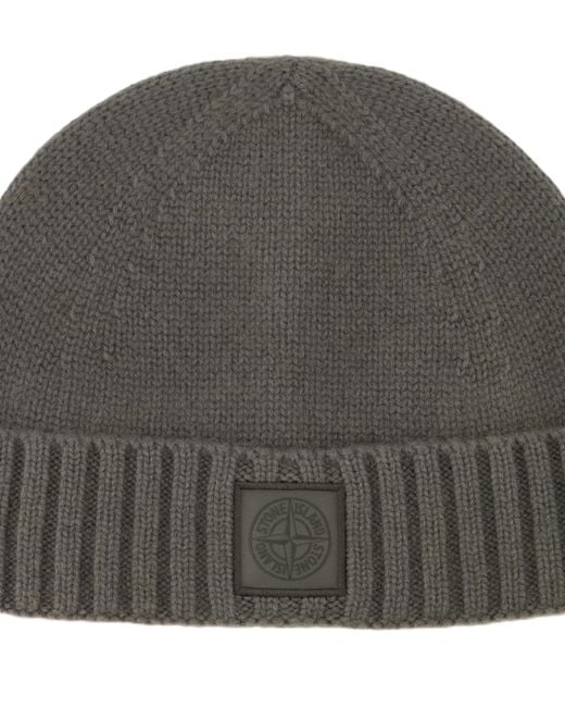 Stone Island Gray Logo Patch Ribbed Beanie for men