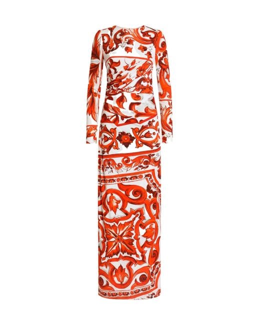 Dolce & Gabbana Red Long-Sleeve Majolica Print Maxi Dress