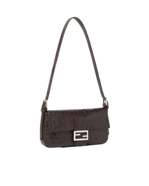 Fendi Black Baguette 26424 Dark Ostrich Leather Bag