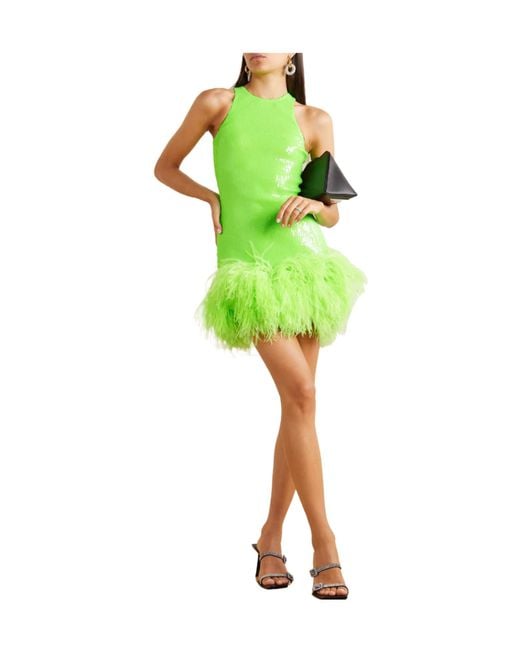 David Koma Green Feather-Detail Sequinned Minidress