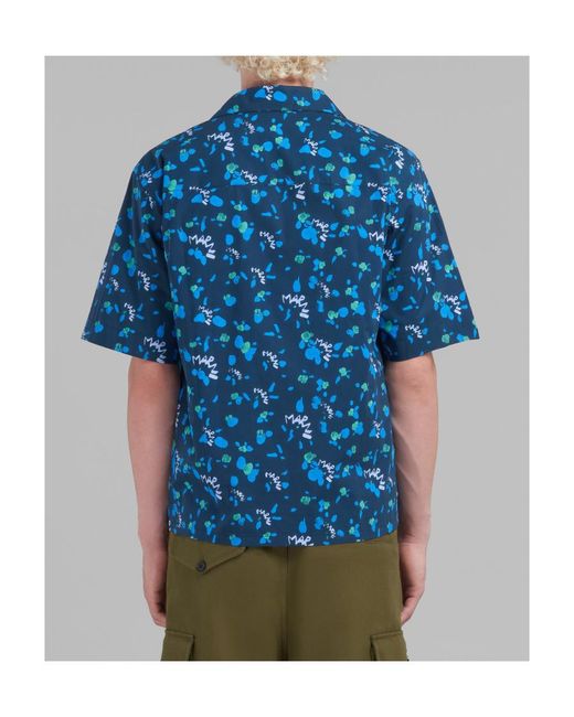 Marni Blue Allover Ink Print Cotton Sport Shirt for men