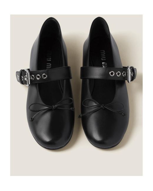 Miu Miu Black Bow-Detailed Buckled Ballerina Shoes
