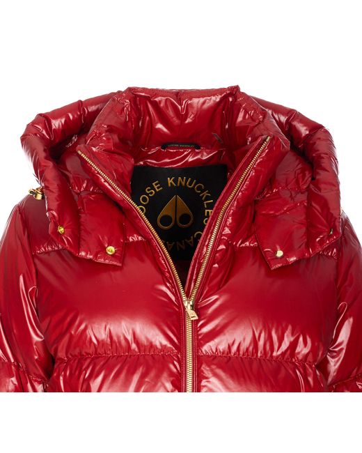 Moose Knuckles Red Quilted Hooded Jacket Zip Pockets