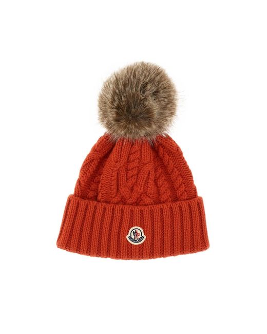 Moncler Red Cable-Knit Pom-Pom Beanie