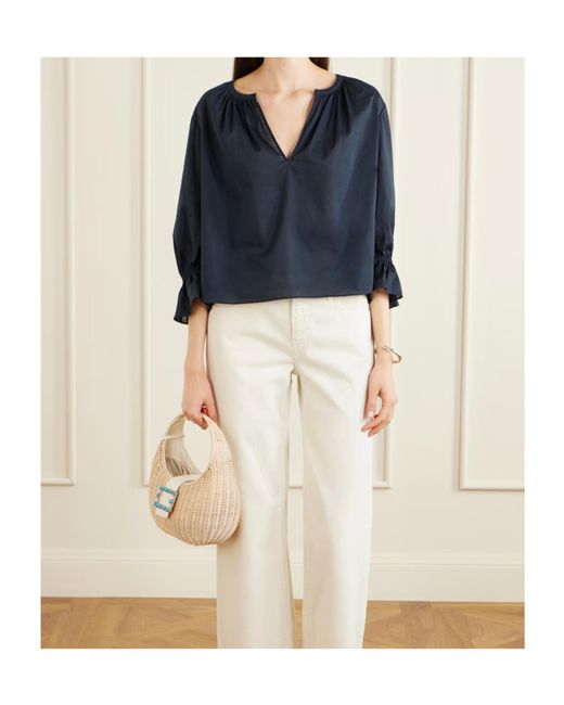 FRAME Blue The Poet Gathered Ruffled-Cuff Blouse