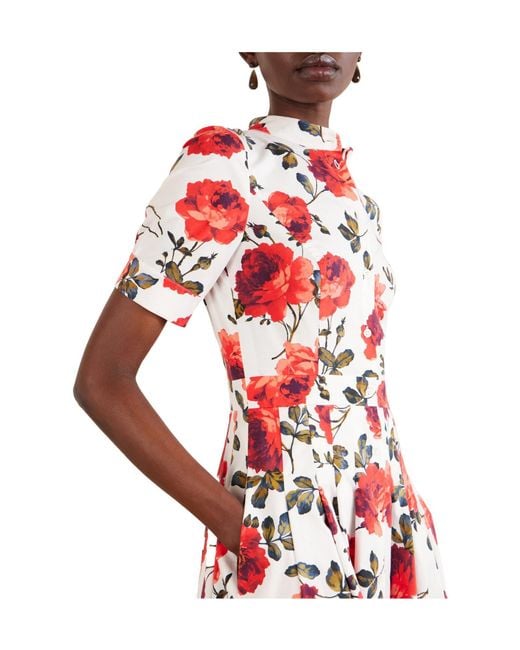 Carolina Herrera Red Floral-Print Cotton-Blend Poplin Midi Dress