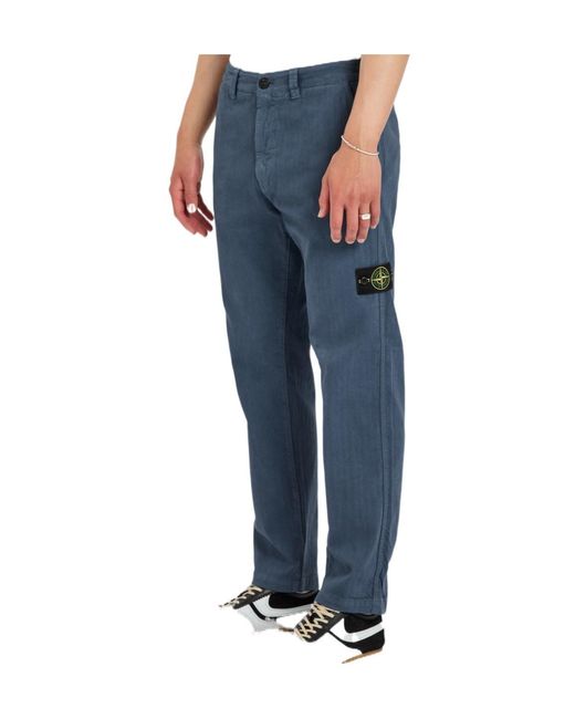 Stone Island Blue Herringbone Cotton Trousers for men